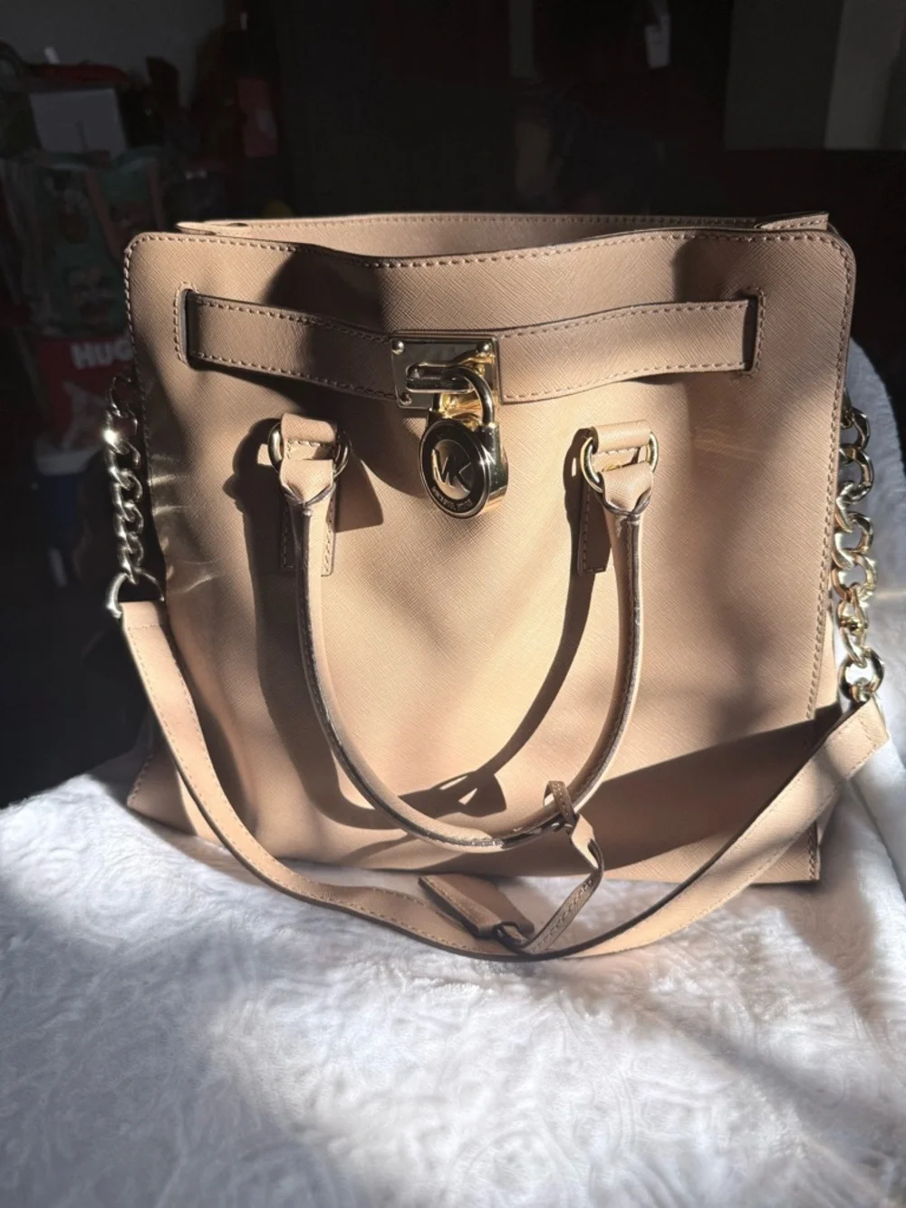 Michael Kors Blush Pink Hamilton Tote Bag Gold Lock Key Saffiano Leather